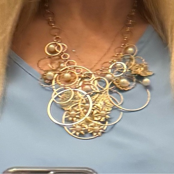 Gold Floral Statement Necklace with Pearl Accents - Picture 7 of 7